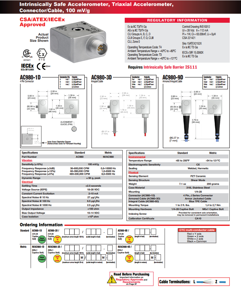 CTC本質(zhì)安全三軸加速度振動(dòng)傳感器AC980 技術(shù)參數(shù)